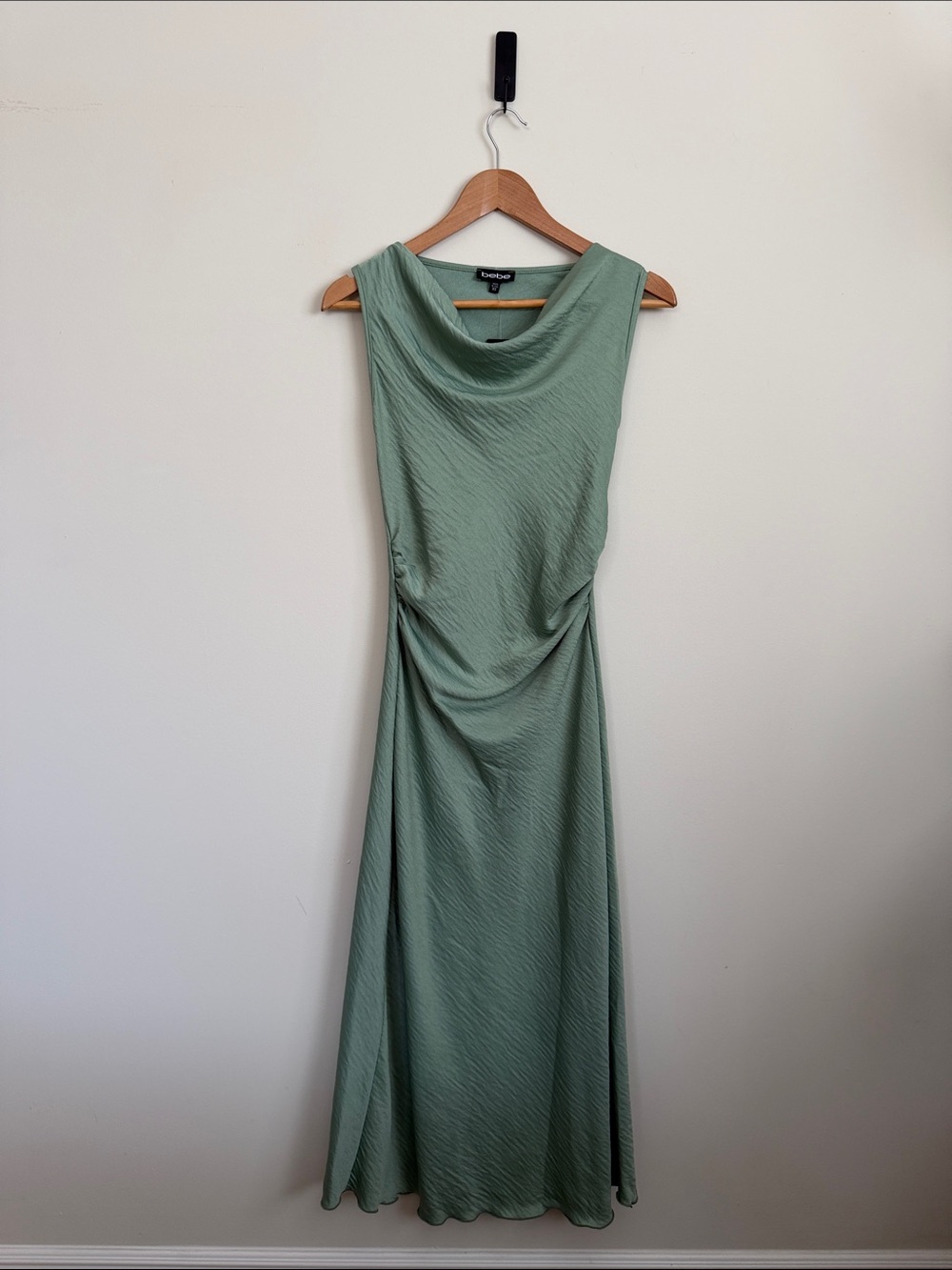 BEBE Sleeveless Sage Cowl Neck Dress